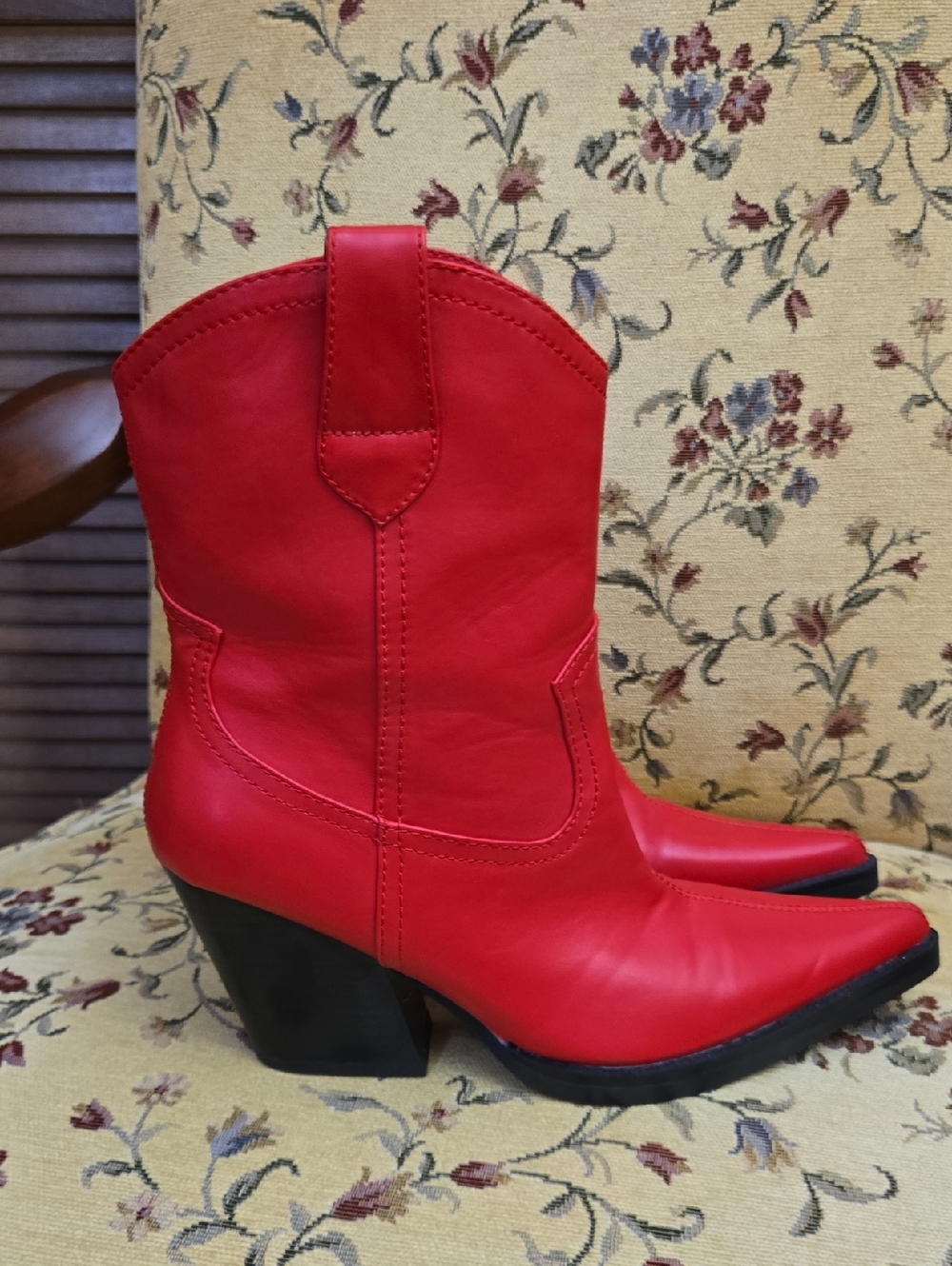 AZALEA WANG Red Vegan  Leather Western Ankle Boots - Fashion Heeled Cowboy Boot